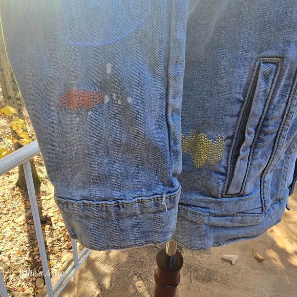 Embellish Soft Stretchy Colorful Blue Distressed Stud Denim Jean Jacket Wmns L - Picture 5 of 11
